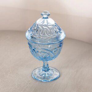 Vintage Dalzell-Viking Blue Glass Pedestal Lidded Dish with Ring Designs